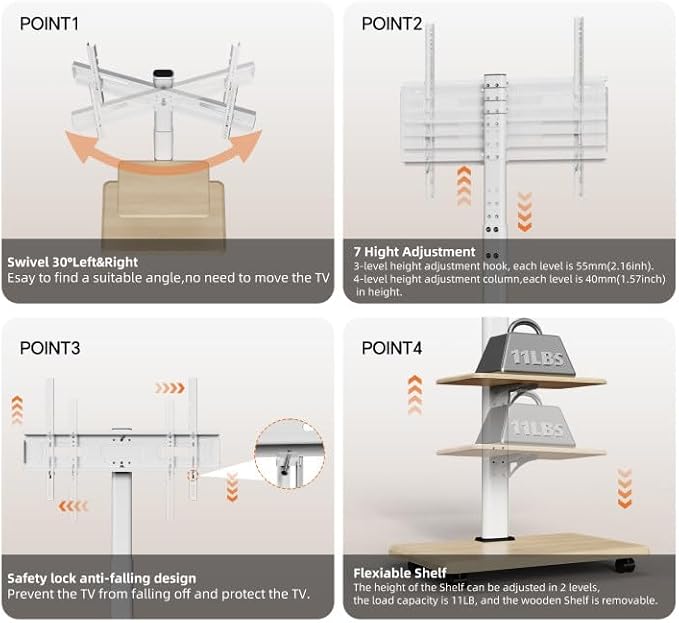 Rolling TV Stand with Wheels for 32-75 Inch TVs - Image 6
