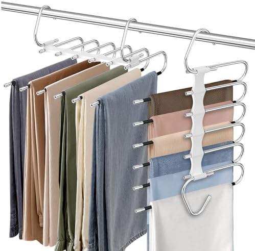 Upgrade 6 Layers Pants Hangers Space Saving, 2Pack Stainless Steel Multifunctional Rack Non Slip S-Type Clothes Jean Hanger Closet Organizer for Jeans Leggings Trousers Skirts Scarf, White | Metal Space Saving Hangers Multi-Layer Multifunctional Closet... by Besslly