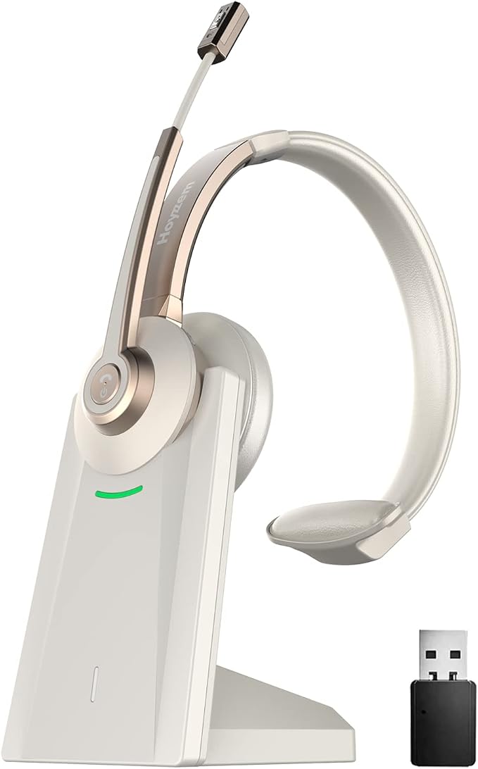 Bluetooth Headset, Wireless Headphones with Microphone Noise Canceling & USB Dongle, V5.0 Trucker Bluetooth Headset with Mic Mute & Charge Dock for PC/Laptop/Phone/Meeting/CallCenter/Office Gold by Hoyzzem-CleaerSoundCloserDistance