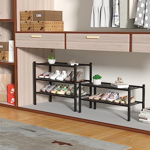 ROMGUAR CRAFT 2 Tier Bamboo Shoe Rack for Closet Free Standing Wood Shoe Shelf for Entryway Small Space Stackable 27"x11"x13" (Black) - Image 4