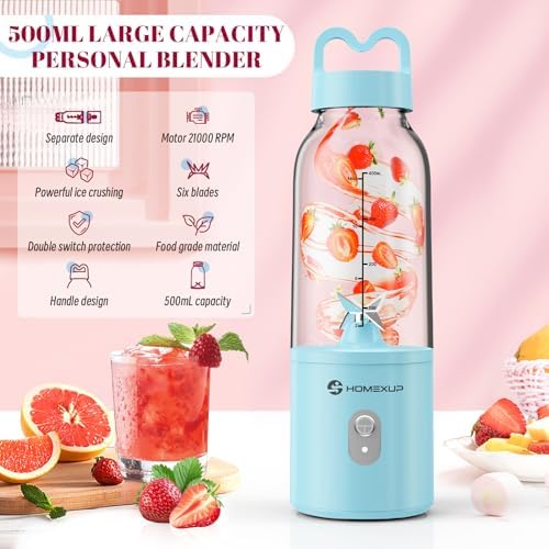 2PCS Portable Personal Blender 17 OZ/500 ML Juicer, 175W Personal Size Blender, Ideal for Smoothies, Ice Blending, Juicing, and Food Processing, Compact, Convenient, and Versatile（Blue&White） - Image 2