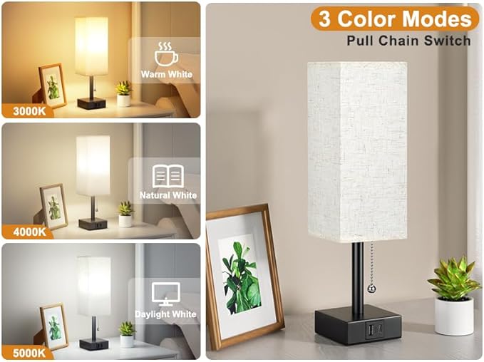 Small Bedside Table Lamp for Bedroom - Desk Lamp For Nightstand, USB C+A | Pull Chain Lamp, 3 Color Modes(3000K/4000K/5000K), E26 LED Bulb Included, Square Beige Fabric Lampshade, for Read, Work, Dorm - Image 3
