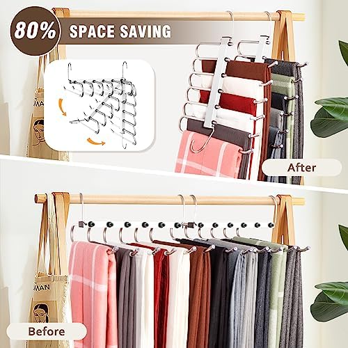 HUITEM Space Saving 6 Tier Pant Hangers, Anti-Slip, Lightweight, Stainless Steel, 2 Pack, White - Image 2