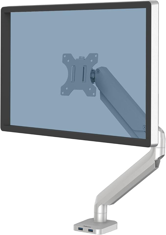 Fellowes Platinum Series Single Monitor Arm for 40-Inch Monitors, Full Motion, 360° Rotation, VESA Mount with Grommet or Clamp, USB Ports, Ergonomic, Silver, 8056401 by FellowesBrands