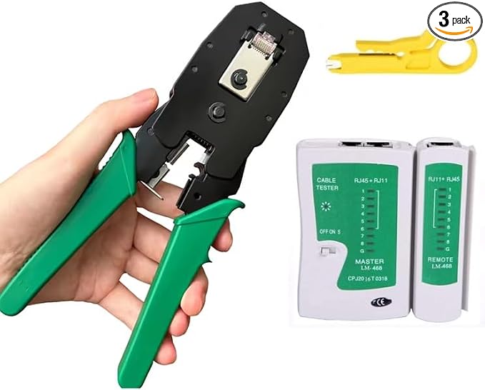 RJ45 Crimp Tool Kit Pass Thru Cat5 Cat5e Cat6 RJ45 Crimping Tool 1 Wire Punch Down Cutter and 1 Network Cable Tester RJ45 Crimp Tool Kit ethernet Crimping set by LinaLife