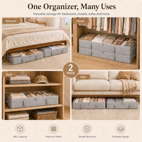 Side-Supported Under Bed Storage Containers, 8 Inch 80L Clothes Storage Bin | Underbed Storage Bin with Sturdy Handles and Sidewalls, Closet Organizer for Clothes, Blankets, Seasonal Items, Gray, 2 Pack - Image 7
