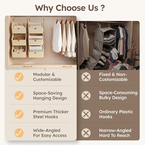 Homsorout Collapsible Hanging Closet Organizer - 6 Tier Closet Shelves Storage System with Hooks, Fabric Hanging Storage Bins for Clothes, Foldable Storage Basket for Laundry, Bedroom, Rv, Beige - Image 3