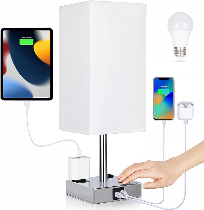 Bedside Lamp with USB Ports - Touch Control Table Lamp for Bedroom with USB C+A Charging Ports & AC Outlets, 3 Way Dimmable Nightstand Light for Living Room (LED Bulb Included, Chrome - White) by Soilsiu