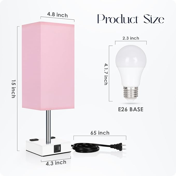 Bedside Lamp with USB Ports - Touch Control Table Lamp for Bedroom with USB C+A Charging Ports & AC Outlets, 3 Way Dimmable Nightstand Light with White Base for Living Room (LED Bulb Included, Pink) - Image 8