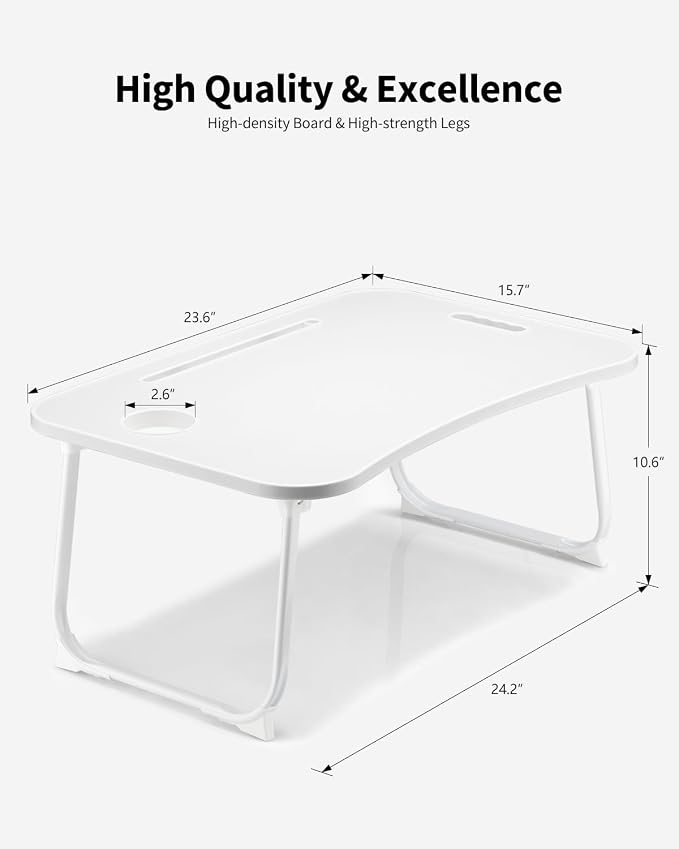 Foldable Lap Desk, Laptop Bed Desk, Portable Lap Table, Laptop Bed Table with Cup Holder & Tablet Slot & Lifting Handle for Working Writing Drawing & Eating - White - Image 4
