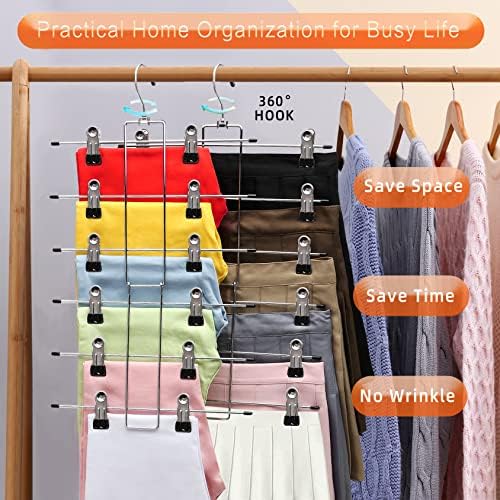 3 Pack Pants-Hangers-Space-Saving, 6 Tier-Closet-Organizers-and-Storage | Skirt Hangers with Clips, Closet-Organizer-Clothes-Organization Jeans Scarf Hangers,College-Dorm-Room-Essentials Decor - Image 4