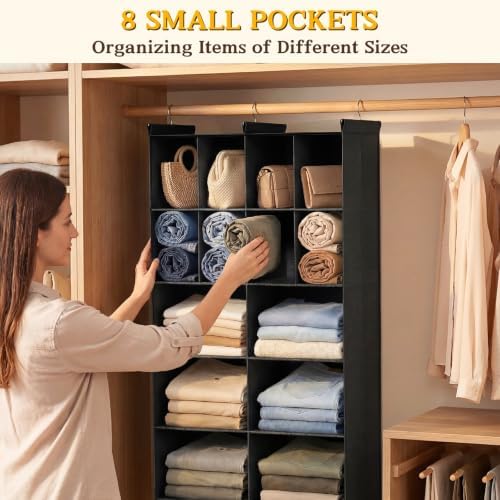 5 Tier Hanging Closet Organizer, 14 Compartments Dual Row Storage, Black | Closet Organizers and Storage with Large & Small Pockets, 3 Sturdy Hooks Support Heavy Loads, Ideal for Dorm, Garment Rack - Image 4