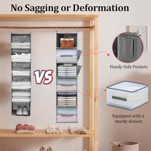 Hanging Closet Organizer, 6-Shelf w/ 3 Drawers & Pockets, Black | No tool installation required, made of non-woven fabric, suitable for all wardrobe storage, with strong load-bearing capacity - Image 6