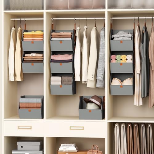 Homsorout Collapsible Hanging Closet Organizer - 6 Tier Closet Shelves Storage System with Hooks, Fabric Hanging Storage Bins for Clothes, Foldable Storage Basket for Laundry, Bedroom, Rv, Grey - Image 5