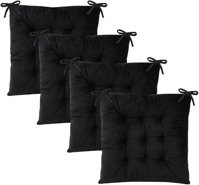 Set of 4 Chair Cushions for Dining Chairs with Ties, Indoor Non-Slip Kitchen Chair Pad and Dining Room Seat Cushion Mat for Office Living Room Outdoor 15.5" - Black by MissSoul