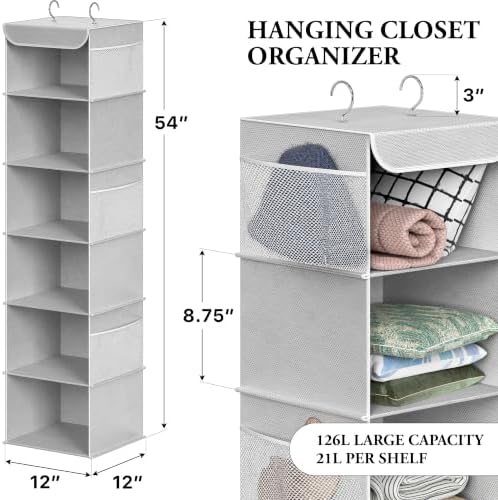 Simple Houseware 6 Shelf Hanging Closet Organizer, Gray | 360° Rotating Dual Hooks, Top Support Metal Frame, 6 Side Mesh Pockets - Image 2
