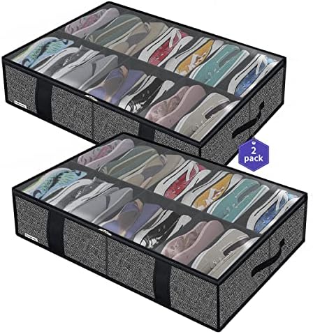 Onlyeasy 2 Pack Under Bed Shoe Storage Organizers with Handles & Clear window (Fit 14 +14 Pairs), Sturdy Underbed Box Organizer Shoe Storage Bags for Kids & Adults, Linen-like Black, MXAUBS14S14 by Onlyeasy