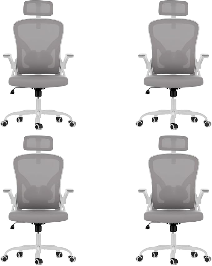Farini Ergonomic Office Chairs with Headrest, Set of 4, White & Grey | High Back Swivel Computer Chair, Adjustable Armrests and Lumbar Support,Desk Chair for Home Office Bedroom by Farini