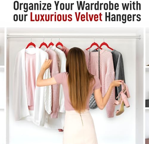 Sishynio Velvet Hangers 50 Pack, Non-Slip Slim Felt Clothes Hangers Red | Space-Saving Closet Organization; Flocked Surface; 360° Swivel Hooks; For Shirts, Coats, Dresses, Blouses - Image 6
