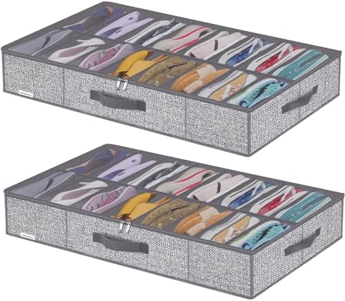 Onlyeasy Sturdy Under Bed Shoe Storage Organizers with Handles & Clear Window (16 to 32 Pairs) 2 Pack, Closet Shoes Containers Boxes for Kids & Adults, 37.7"x23.6"x5.9", Linen-like Grey, MXDUBS16P2 by Onlyeasy