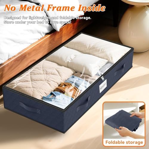 90L Under Bed Storage Containers, Storage Bags, Organizers, 8-Pack, Blue | Foldable, Soft Fabric, Closet Organizers, Reinforced Handle, Label Holder, Clear Window, for Comforters, Clothing, Blankets - Image 5