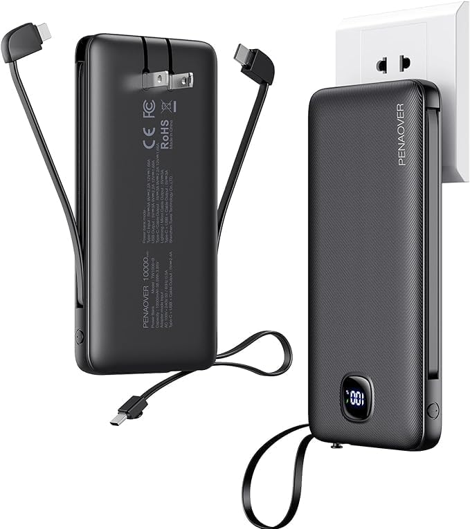 Portable Charger 10000mAh 22.5W Power Bank,Built-in 3 Cables & AC Wall Plug | Fast Charging, 0.68in Ultra Slim,Charge 5 Devices,TSA Approved Travel Essential Battery Pack for iPhone/Samsung/Android by penaover