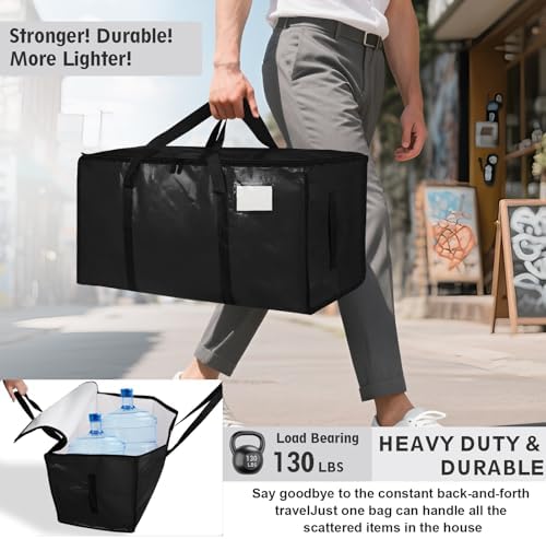 16 Pack-Extra Large Heavy Duty Moving Bags - Waterproof Storage Totes with Handles & Zippers, Foldable for College Dorm, Storage (Black) - Image 3