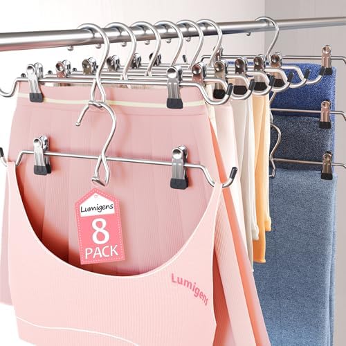 Pants Hangers Space Saving,Stackable Skirt Hangers with Clips, Hanging Closet Organizer and Storage,Clothes Hangers, College Dorm Essentials Apartment Essentials- 8 Pack by Lumigens