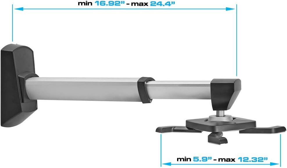 Aluminum Short Throw Projector Wall Mount, Tilt & 360 Degree Swivel Wall Projector Bracket Mount with Telescopic Slide for LCD LED Projectors - Max 22lbs (Silver/Black) - Image 3