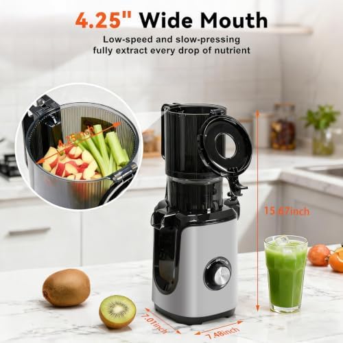 NEWBULIG Juicer Machines, 4.25" Feed Chute Cold Press Juicer, Silver - Image 2