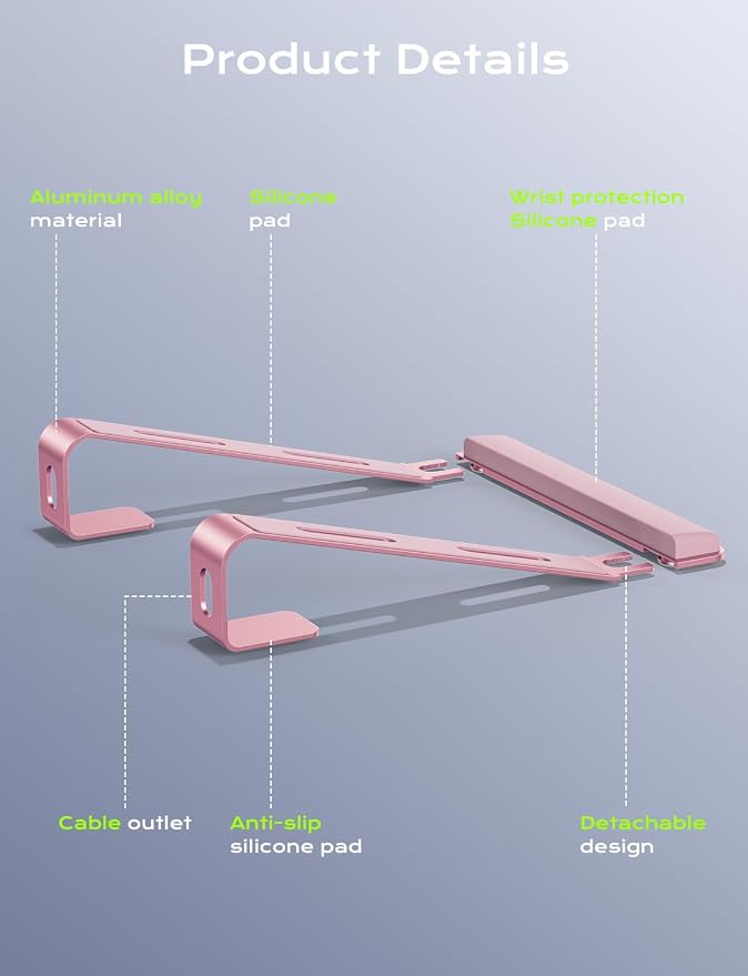 JCZT Aluminum Laptop Stand, Laptop Riser with Wrist Rest, Pink | Ergonomic Detachable Portable Laptop Stand for Desk, Notebook Holder Compatible with MacBook Air Pro, All 10-17'' Laptops - Image 7