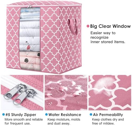 Storage Bags 2 Pack 100L Clothes Organization and Storage Containers | Large Blanket for Comforters,Bedding, Foldable Organizer with Reinforced Handle, Clear Window, Sturdy Zippers, Pink - Image 3