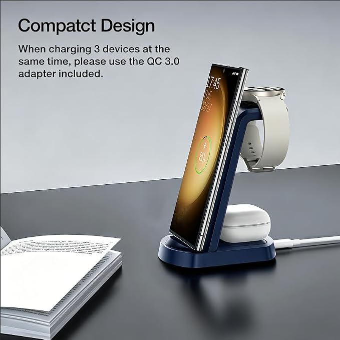 Wireless Charger for Samsung/Android, HOLYJOY 3 in 1 Fast Charging Station/Stand/Multi Charger for Samsung S26 Ultra/S25/Note 20, Travel Pad for Galaxy Watch 8/7/6/5/Active 2, for Buds(Blue) - Image 6