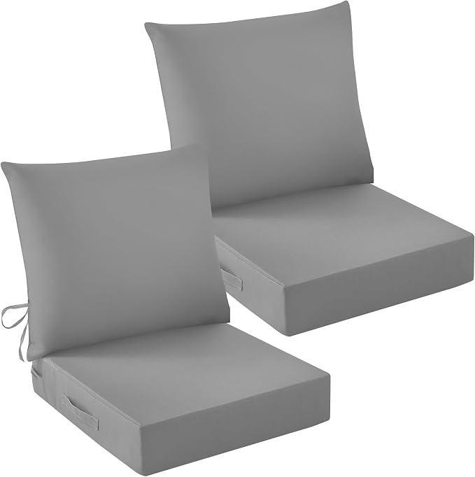 Outdoor Chair Cushions, 24 x 24 Inch Outdoor Cushion for Patio Furniture, Patio Chair Cushion, Waterproof & Fade Resistant Deep Patio Furniture Cushions Set with Handle and Ties, Grey (Set of 2) by IASEAHK