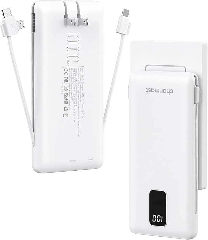 charmast Portable Charger Power Bank Built in Cables,10000mAh Battery Pack | with AC Wall Plug,LED Display & 5 Outputs,Travel Camping Essentials Slim External Phone Charger for iPhone,Samsung,Android by charmast