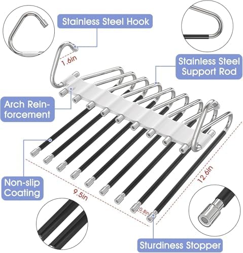 Upgrade 9 Layers Pants Hangers Space Saving, 4 Pack Multifunctional Pants Rack Non Slip Stainless Steel Clothes Space Saver Hangers Closet Organizers Storage for Pants Jeans Legging Skirt, Silky White | Metal Space Saving Hangers Multi-Layer Multifunct... - Image 2