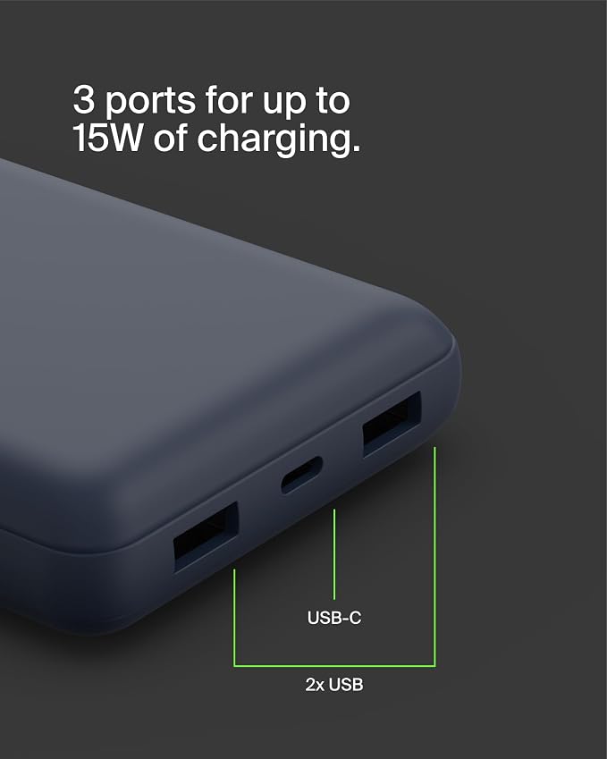 Belkin 20000mAh 15W 3 Port Power Bank, USB A to USB C Cable Included | Fast Charging, iPhone 17, Samsung Galaxy, Pixel, Airpods, iPad, Nintendo Switch 2, Battery Pack, USB C Port, USB A Port - Image 9