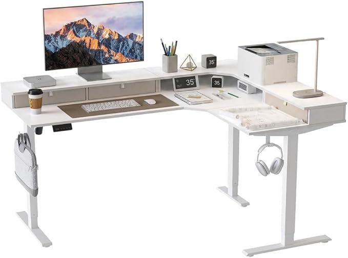 CubiCubi 63x48 Inches L Shaped Standing Desk with 3 Drawers and Monitor Shelf, Height Adjustable Corner Computer Desk with Hooks, Sit Stand Up Ergonomic Home Office Workstation Table, Warm White by CubiCubi