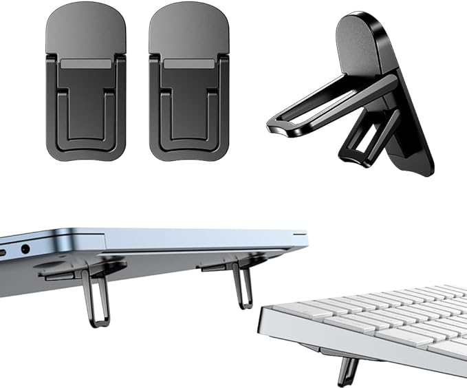 2PCS Zinc Alloy Mini Foldable Laptop Stand, Portable Computer Keyboard Riser with 2 Adjustable Angles, Self-Adhesive Invisible Notebook Stand and Keyboard Lift for Desk (Black) by Unknown