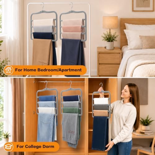 Velvet Pants Hangers Space Saving, 2-Pack Multi-Tier Closet Organizers,Grey | For Jeans Trousers Skirts Leggings Scarves, Non-Slip Vertical Storage for Small Closet, College Dorm & Apartment Essentials - Image 5