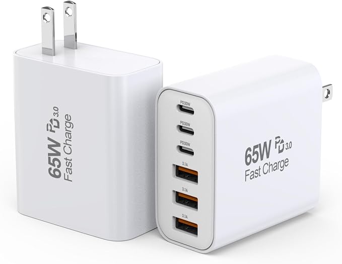 65W 6-Port USB C Charger Block, 2-Pack GaN Fast Type C Wall Charger Block | Charging Adapter USB C Plug Adapter+QC Plug Compatible with iPhone 17/17 Air/16e/16 Pro Max/16Plus/16/15/14/13/12/11,iPad Pro by Unknown