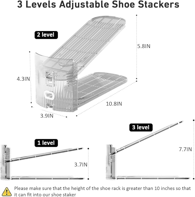 NVGSN 12Pack Clear Shoe Slot Organizer,Shoe Stacker,Storage Space Saver 50% | 3 Levels Adjustable Height 3.7''-7.7''shoe Organizer for Closet,Easy to Assemble shoe Rack Holder,Organizador de Zapatos - Image 5