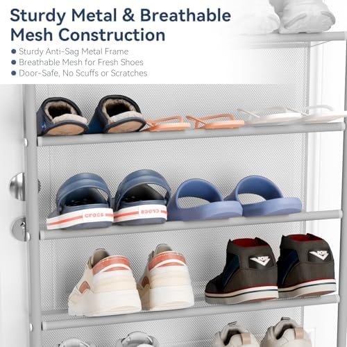 Whitmor 36 Pair Over the Door Shoe Rack,12 Tier Hanging Shoe Organizer with Metal Frame & Mesh Shelves, Heavy Duty Shoe Storage Holder for Door, No Drill Installation, 74" H x 21.7" W x 7.5" D, Grey - Image 5