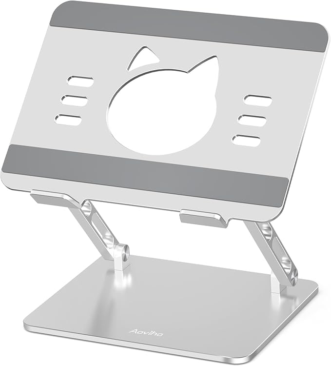 Aoviho Laptop Stand for Desk – Adjustable Aluminum Laptop Riser with Unique Cat-Shaped Cooling Vent, Portable Desk Gift & Decor, Compatible with MacBook Air Pro, Dell, HP, Lenovo (10"-17.3"), Silver by Aoviho
