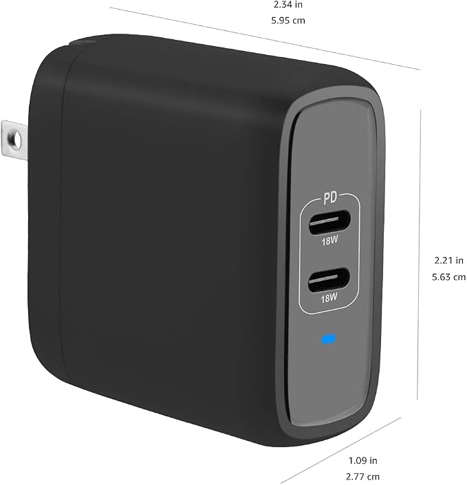 Amazon Basics 36W Dual Port USB-C Wall Charger with Power Delivery, Foldable Plug, for Tablets & Phones (iPhone 15/14/13/12/11/X, iPad, Samsung, and More), Non-PPS, 2.34 x 2.21 x 1.09 inches, Black - Image 5