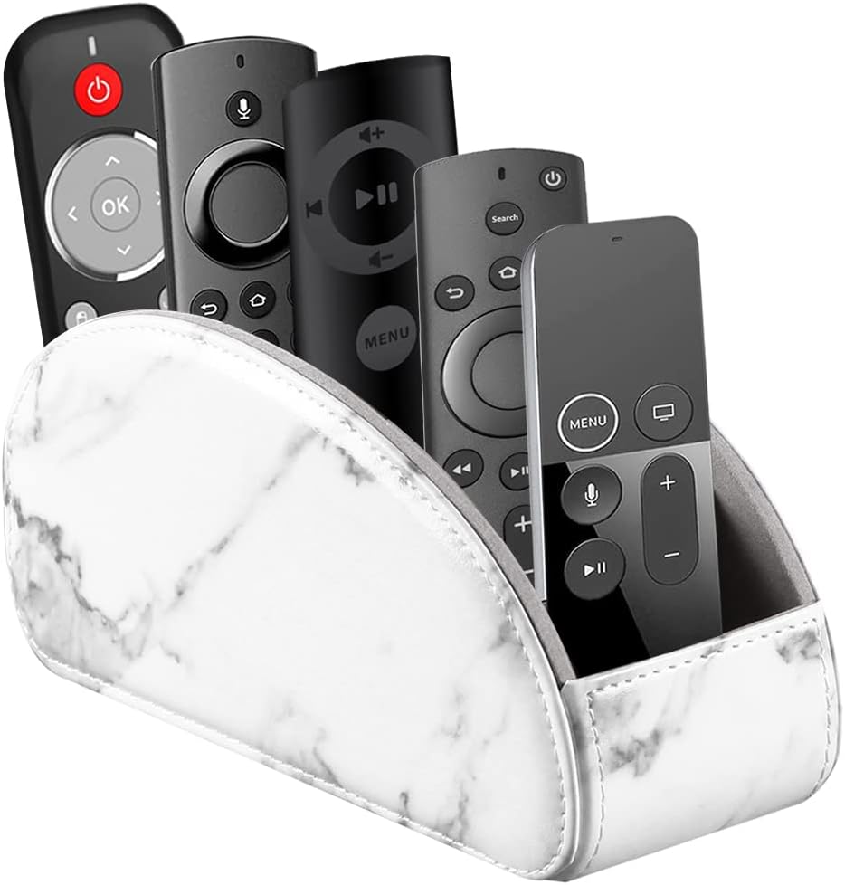 All-in-One Leather White TV Remote Holder for Remote Conrtols with 5 Compartments Nightstand Desktop Media Player Remote Caddy Storage Box Organizer Tray for Mobile Office Stationery Phone Controller by YAPISHI