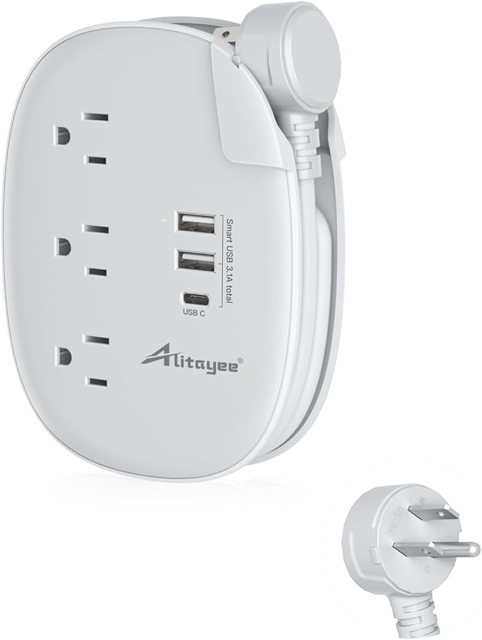 Alitayee USB C Portable Travel Power Strip,3ft Wrapped Extension Cord,3.1A | 3 Outlets,3 USB Ports,3ft Wrapped Around Extension Cord,Fast Charge,Flat Plug, Outlet Extender,For Cruise Travel Home Office by Alitayee