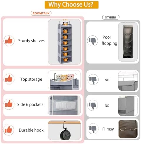 6-Shelf Hanging Closet Organizer and Storage with Side Pockets, Collapsible Closet Hanging Shelves for Storage, Grey - Image 7