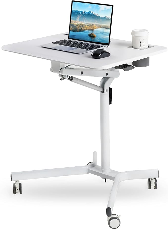 Lipo Mobile Sit Stand Desk - Height Adjustable Standing Laptop Desk Cart Rolling Couch Table on Wheels White Workstation with Gas Spring Riser for Home Office Classroom by Lipo