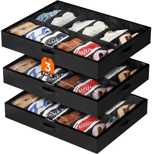 Lifewit Under Bed Shoe Storage Organizer 3 Pack(12 Shoes Cells), 4.3 Inches Profile Fabric Shoes Container Box with Clear Cover, Foldable Storage Bag with 2 Handles, Fits 18 to 36 Pairs by Lifewit